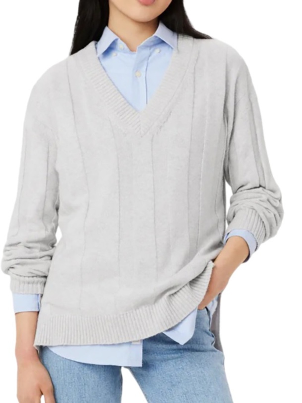 Frank & Oak The Merino Wool Blend Sweater in Light Grey V-Neck Knit Sweater